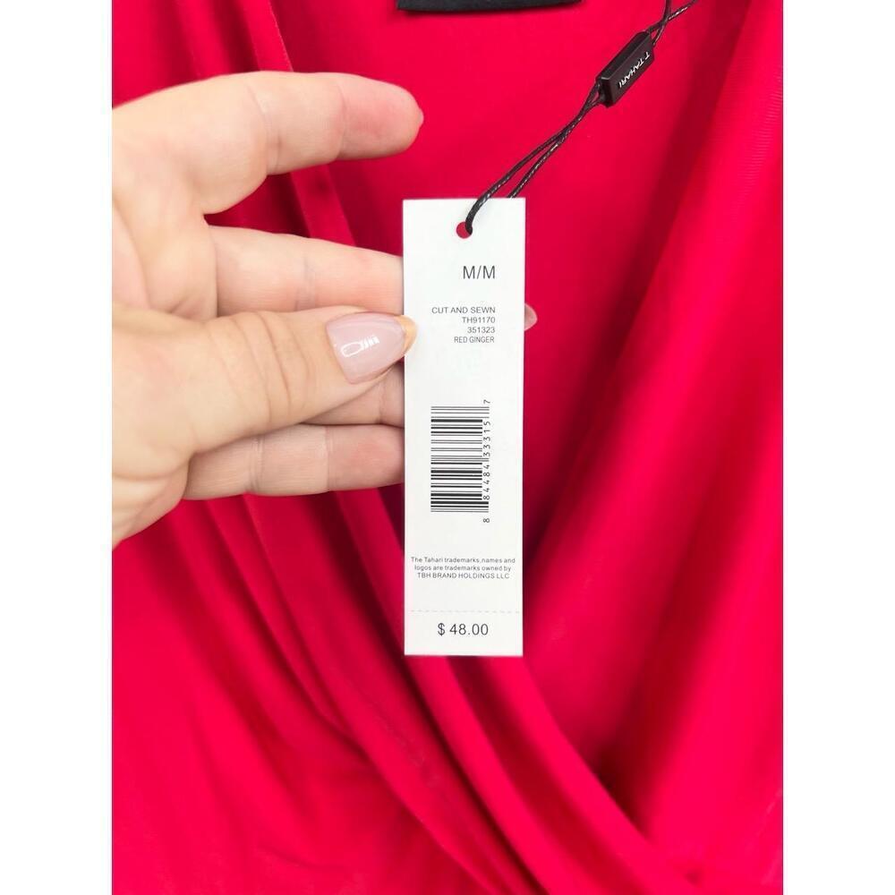 T TAHARI Blouse Size M Red Draped V Neck Short Sleeve Jersey Knit Faux Wrap Top - Picture 8 of 10